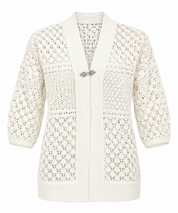  Peacocks ivory crochet knit cardigan in UK size M, featuring an elegant lace pattern, V-neck, three-quarter sleeves and stylish clasp fastening.