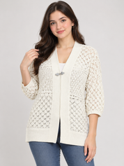  Peacocks ivory crochet knit cardigan in UK size M, featuring an elegant lace pattern, V-neck, three-quarter sleeves and stylish clasp fastening.