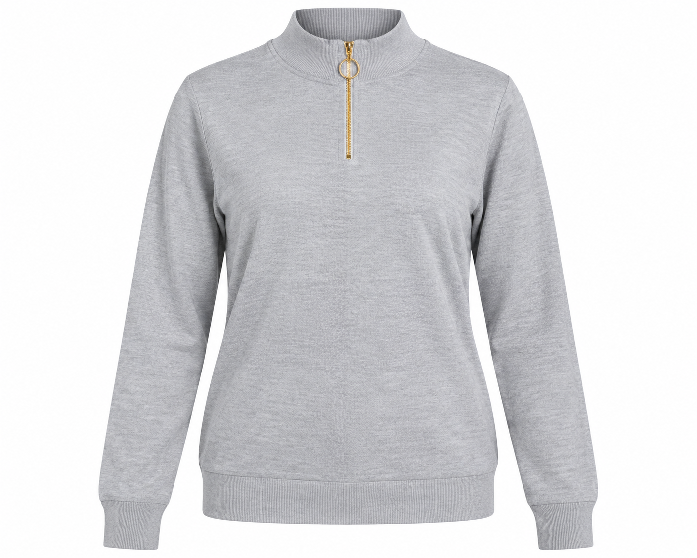  PEACOCKS women’s light grey half-zip jumper in UK Size L, featuring long sleeves, ribbed trims and stylish gold ring-pull zip detail.