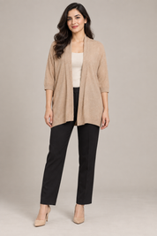   Peacocks women’s beige open-front knit cardigan in UK size 12. A soft longline layering essential with ribbed cuffs and stylish draped collar.