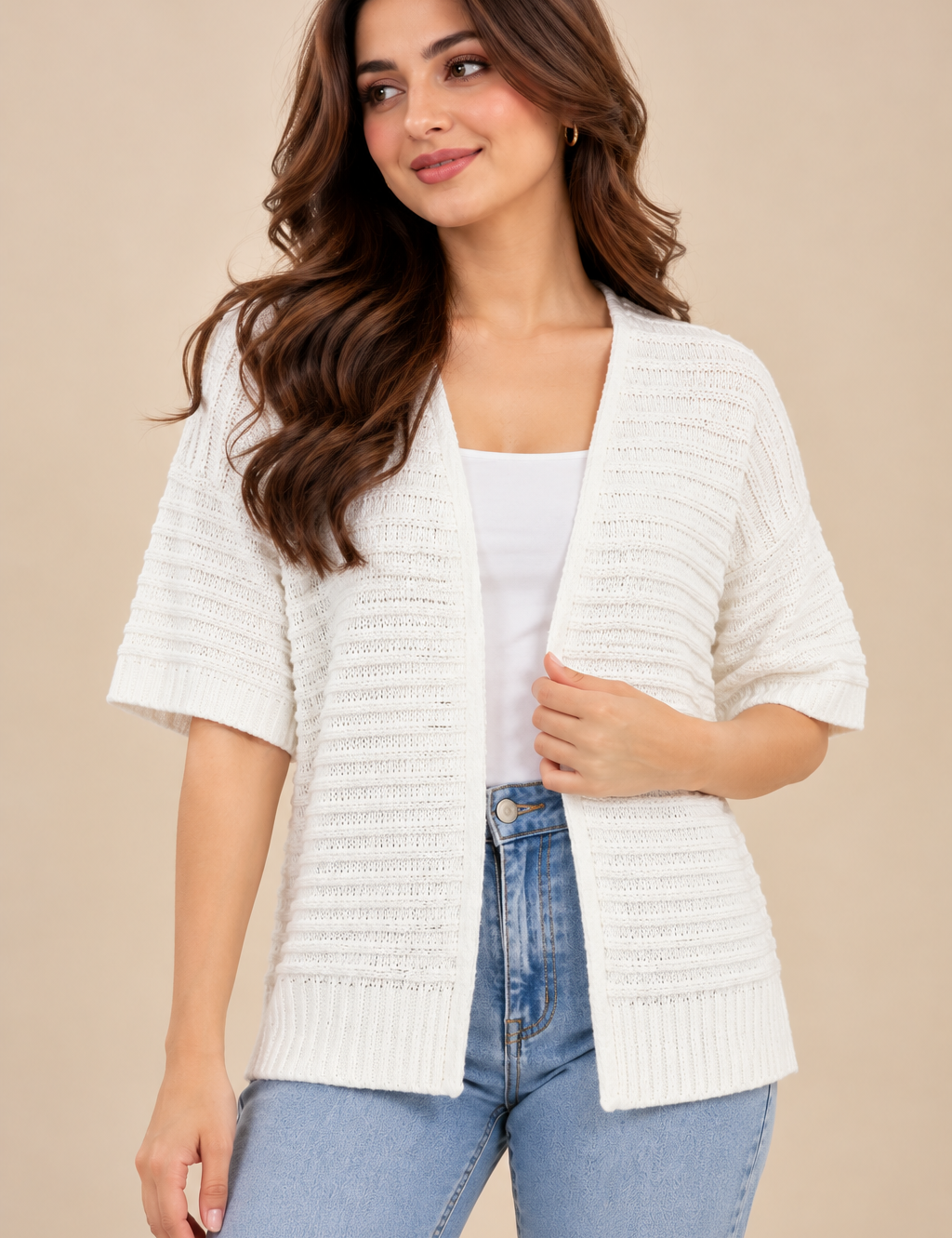 PEACOCKS women’s white open-front knitted cardigan in UK Size XL. Stylish short sleeves, textured knit and relaxed fit for everyday layering.