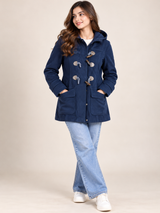 Peacocks Women's Navy Blue Hooded Duffle Coat with Toggle Fastening