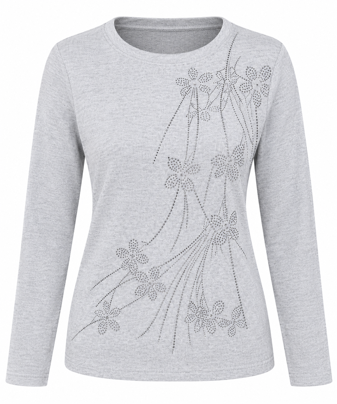  PEBBLE BAY Women's Light Grey Floral Embellished Knit Jumper in UK XL. Stylish round neck, long sleeves and elegant detailing for everyday wear.