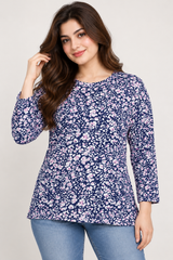 Pebble Bay Women Navy Blue Floral Print Long Sleeve Tunic Top