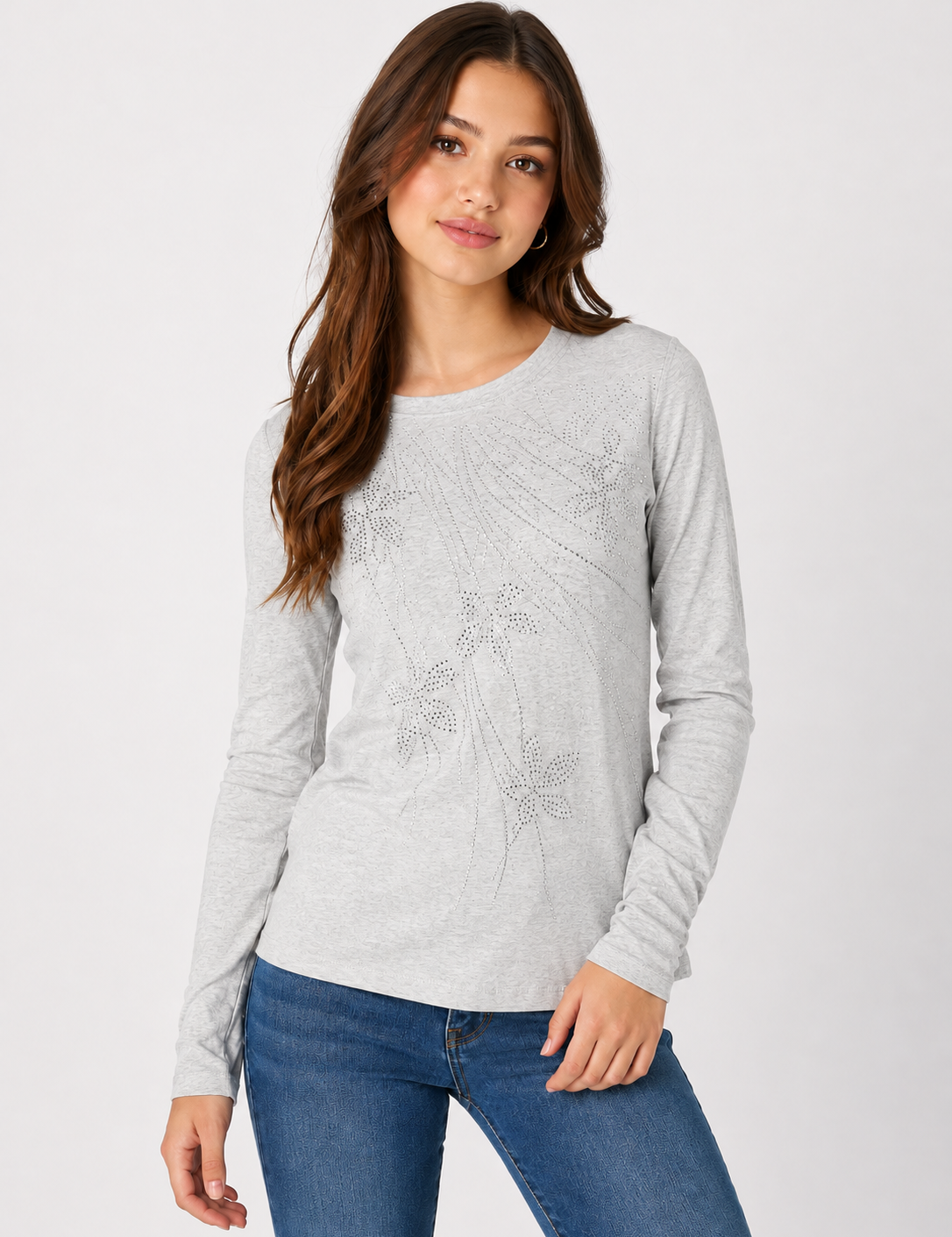 PEBBLE BAY women’s grey long sleeve top in UK Size S. Features elegant embellished detailing, crew neckline and versatile smart-casual styling.