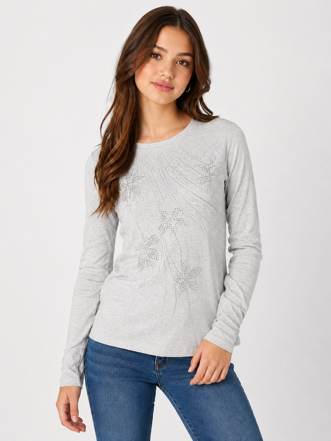PEBBLE BAY women’s grey long sleeve top in UK Size S. Features elegant embellished detailing, crew neckline and versatile smart-casual styling.