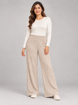 Pep & Co Women Beige Ribbed Knit Wide Leg Trousers