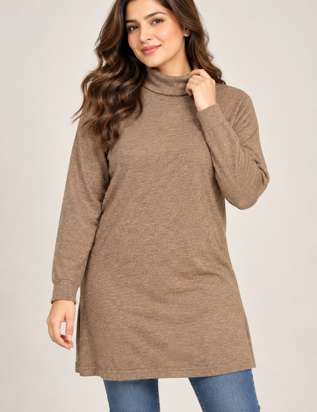  PEP&CO women’s brown roll neck longline jumper in UK Size M. A comfortable long-sleeve tunic-style top ideal for everyday autumn and winter wear.