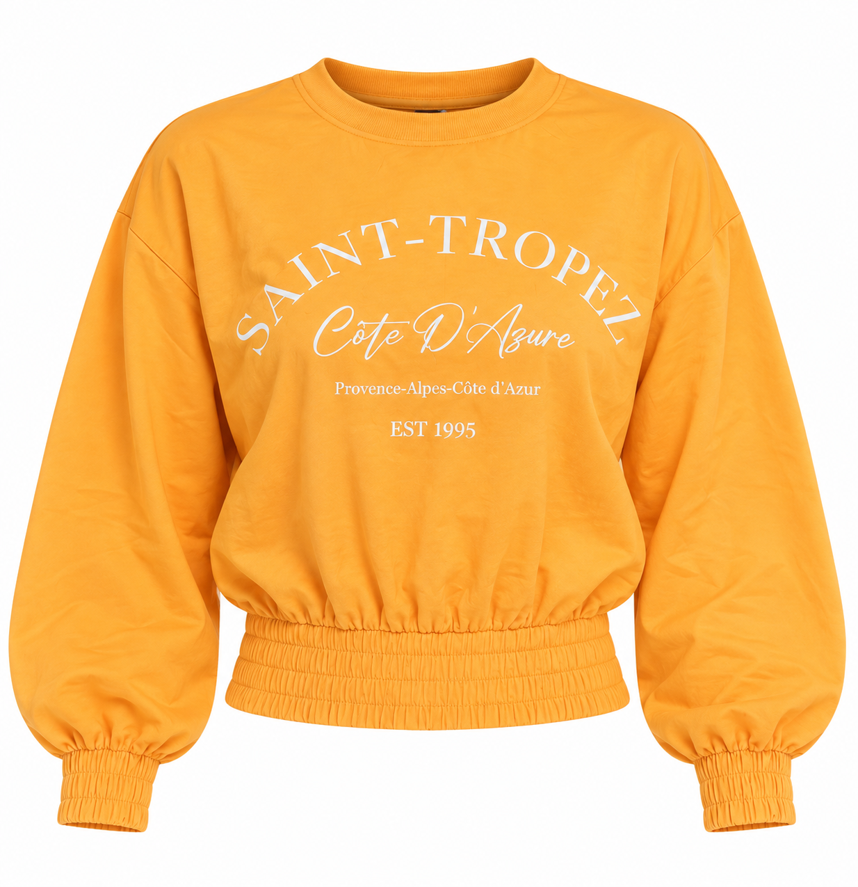  PEP & CO women’s orange Saint-Tropez cropped sweatshirt in UK Size L, featuring balloon sleeves, elasticated cuffs and a stylish smocked hem.