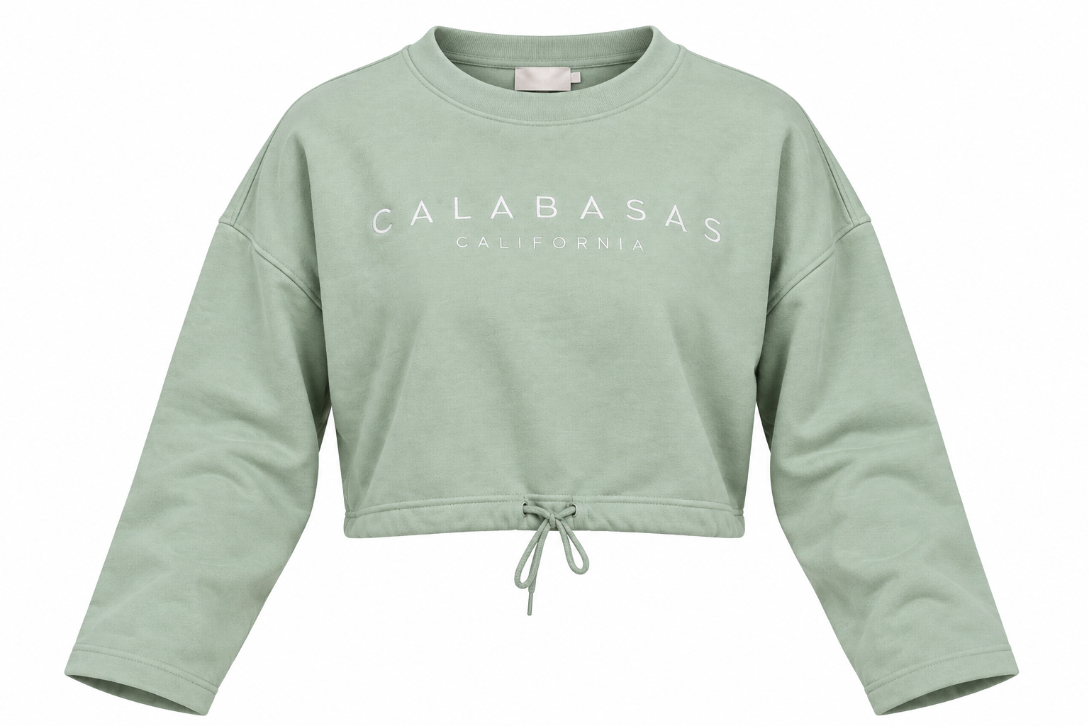  Pep&Co women’s sage green Calabasas cropped sweatshirt in UK Size L. Relaxed fit, long sleeves and adjustable drawstring hem. Original UK customer return.