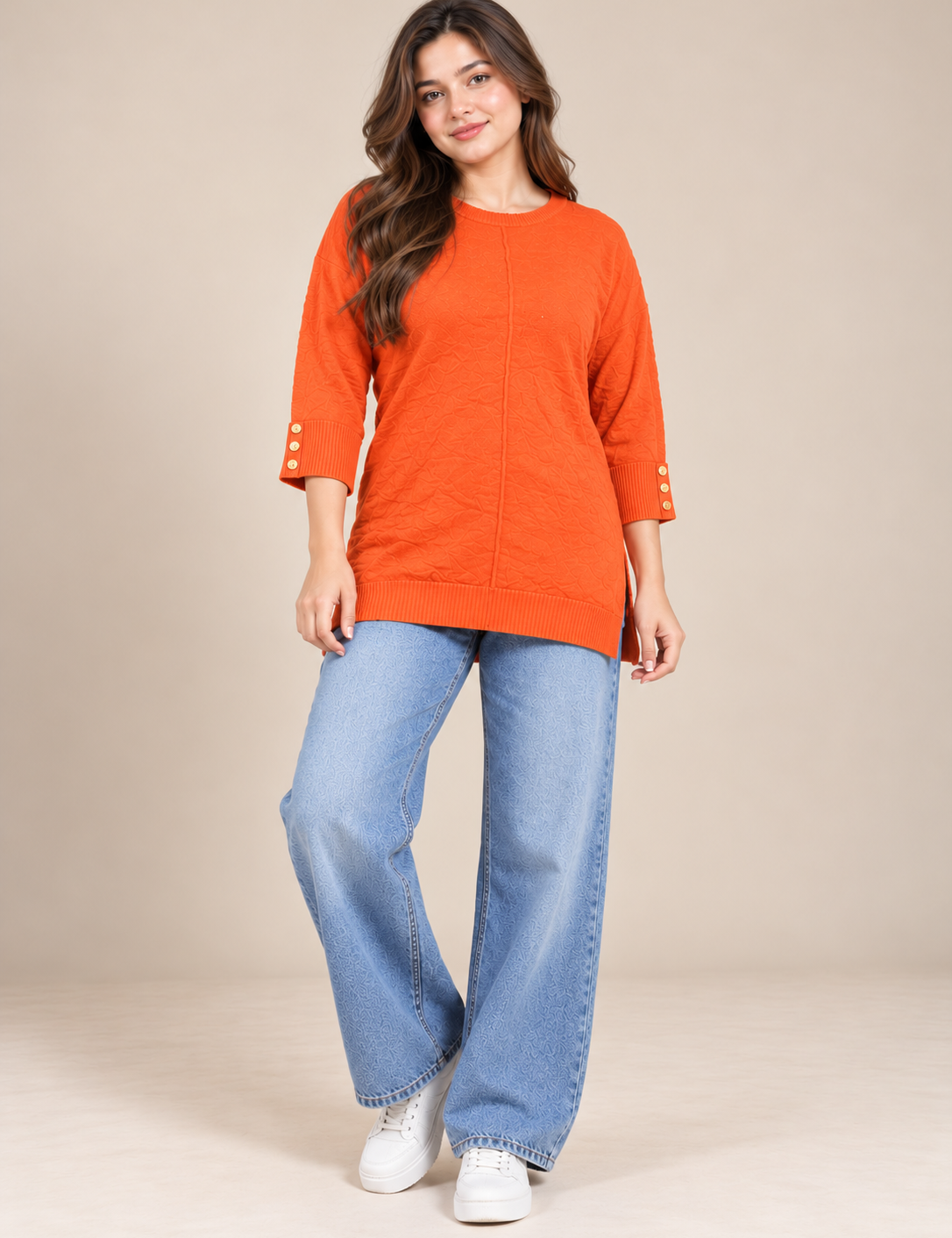  PEP&CO Women's Orange Textured Knit Jumper in UK Size L. Stylish gold button cuffs, relaxed fit, 21" chest and 25" length. Shop UK fashion online.