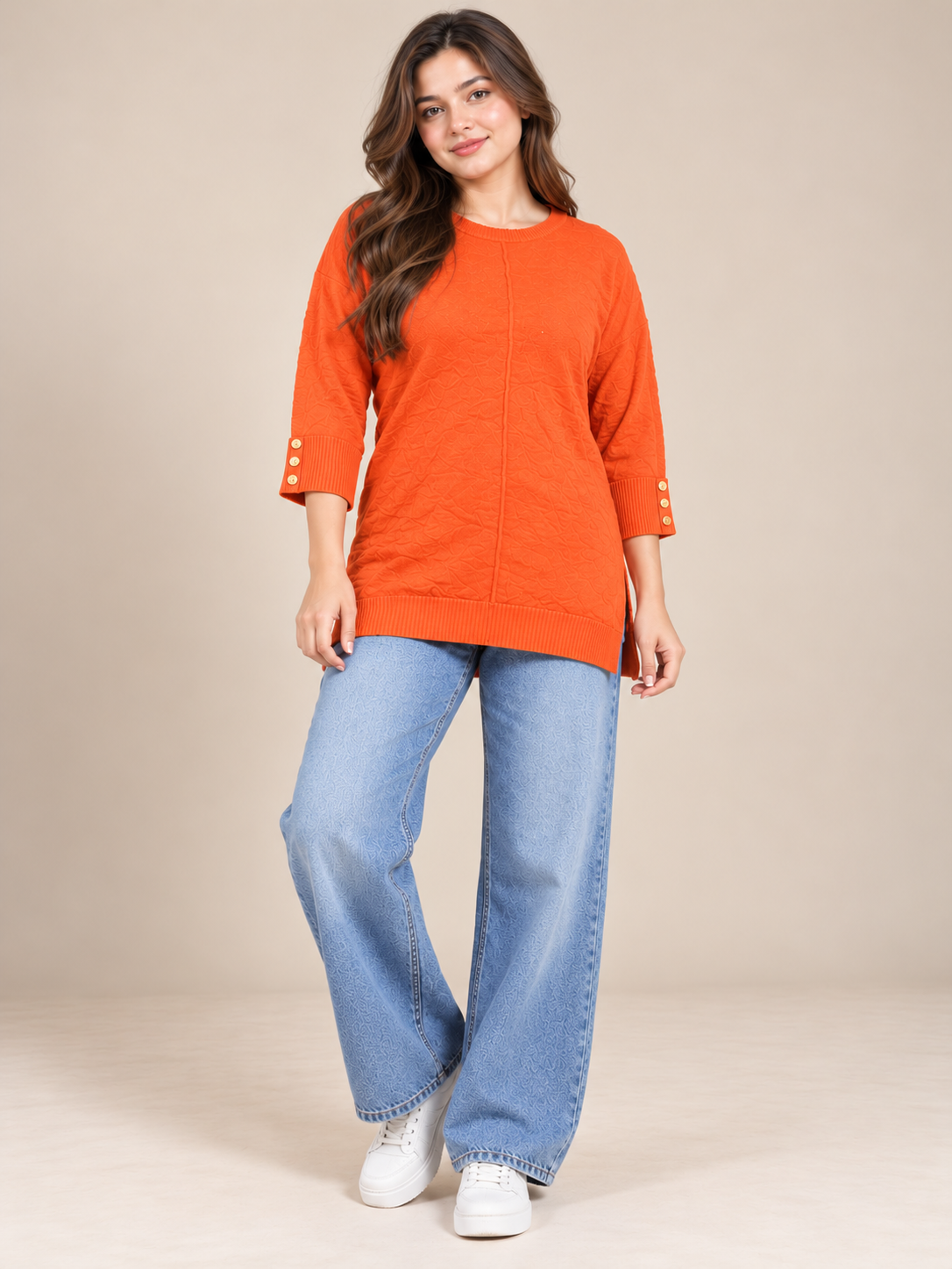  PEP&CO Women's Orange Textured Knit Jumper in UK Size L. Stylish gold button cuffs, relaxed fit, 21" chest and 25" length. Shop UK fashion online.
