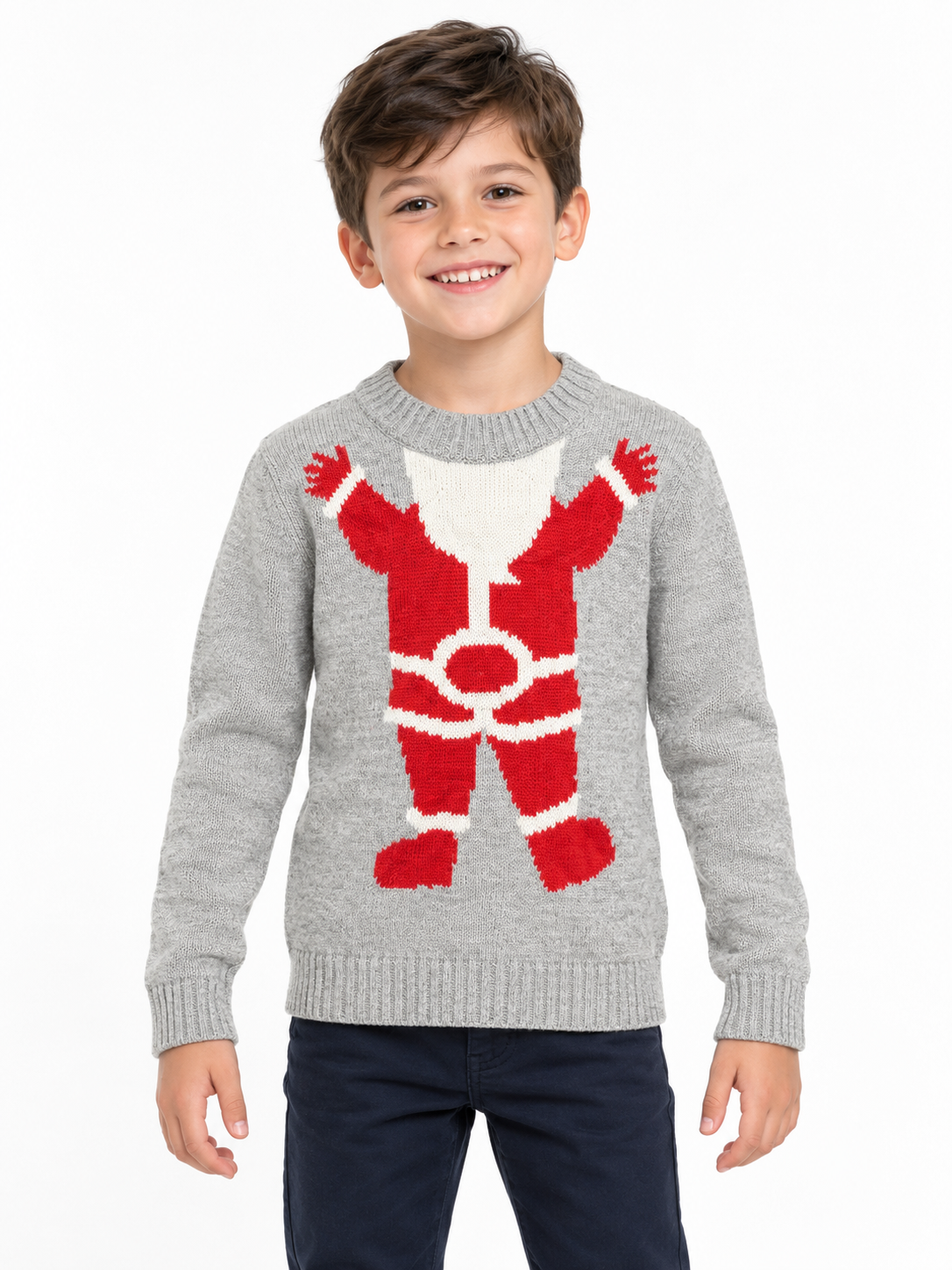 Pepperts Boys Grey Christmas Santa Knitted Jumper in UK Size 6–8 Years. Cosy festive crew neck sweater, perfect for Christmas parties and winter wear.