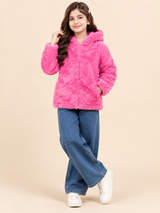 Pepperts Girls Pink Faux Fur Hooded Jacket with Zip