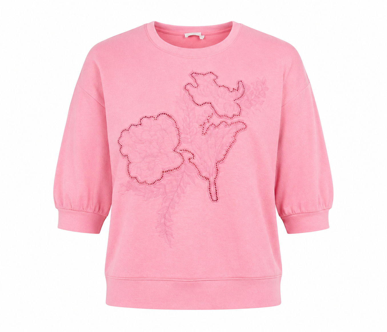  Per Una pink floral embroidered sweatshirt in UK Size 20. Relaxed fit with elbow-length sleeves, ribbed cuffs and elegant floral detailing.