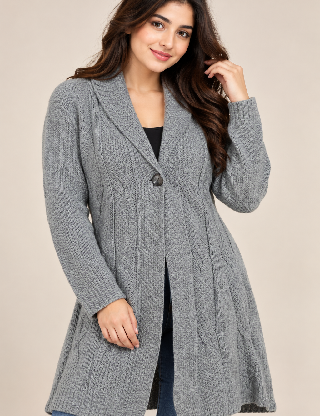 this PER UNA women’s grey cable knit long cardigan in UK Size L, featuring a shawl collar, single-button fastening and stylish textured knit.