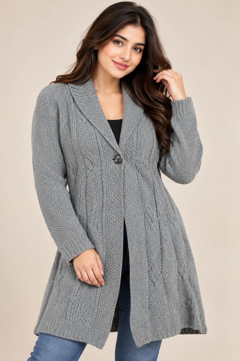 this PER UNA women’s grey cable knit long cardigan in UK Size L, featuring a shawl collar, single-button fastening and stylish textured knit.