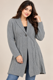 this PER UNA women’s grey cable knit long cardigan in UK Size L, featuring a shawl collar, single-button fastening and stylish textured knit.
