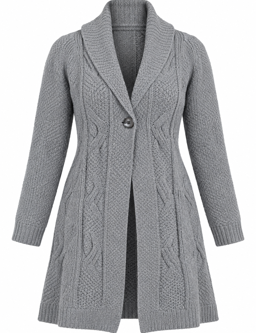 this PER UNA women’s grey cable knit long cardigan in UK Size L, featuring a shawl collar, single-button fastening and stylish textured knit.