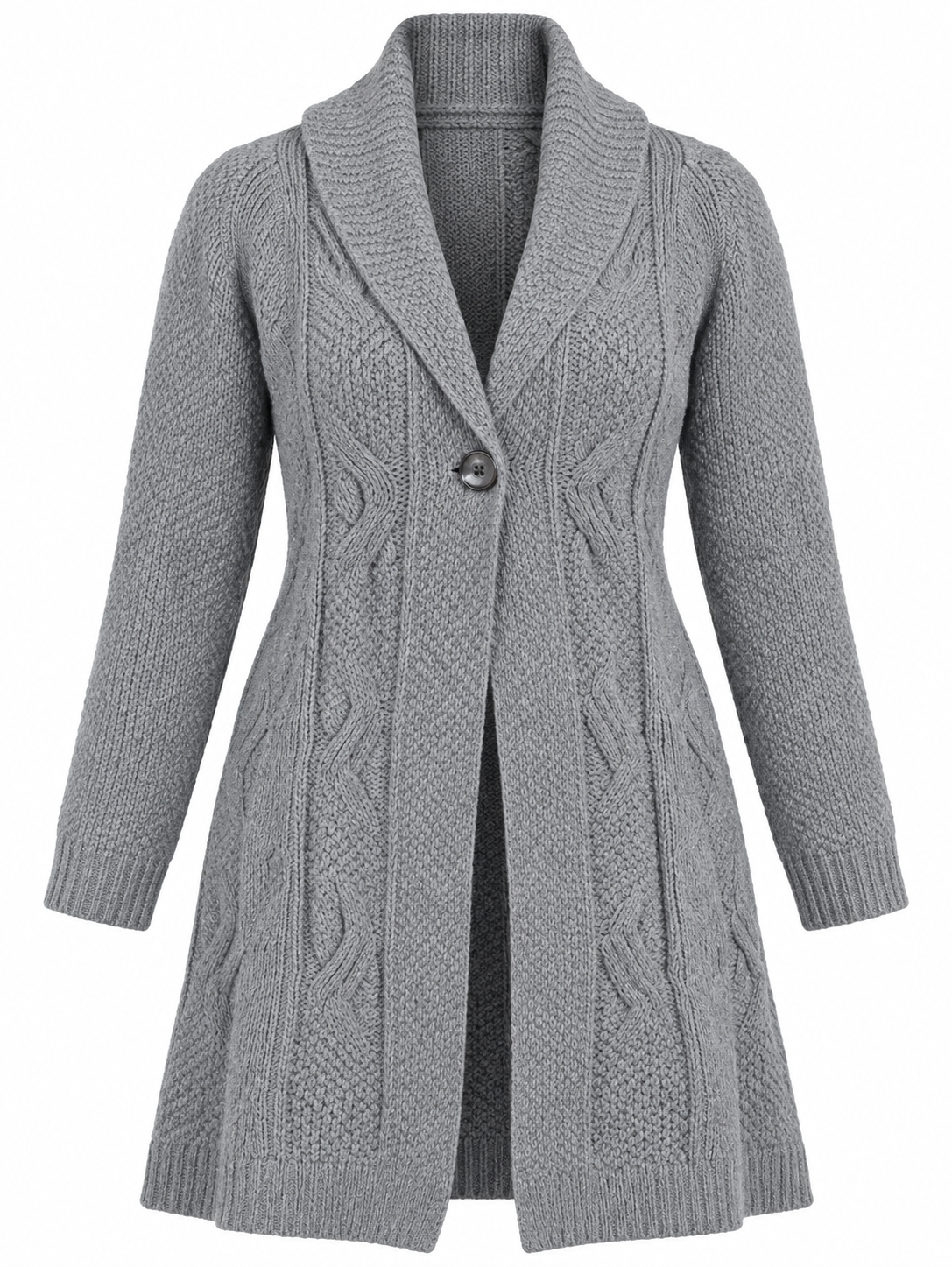 this PER UNA women’s grey cable knit long cardigan in UK Size L, featuring a shawl collar, single-button fastening and stylish textured knit.