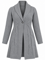 this PER UNA women’s grey cable knit long cardigan in UK Size L, featuring a shawl collar, single-button fastening and stylish textured knit.