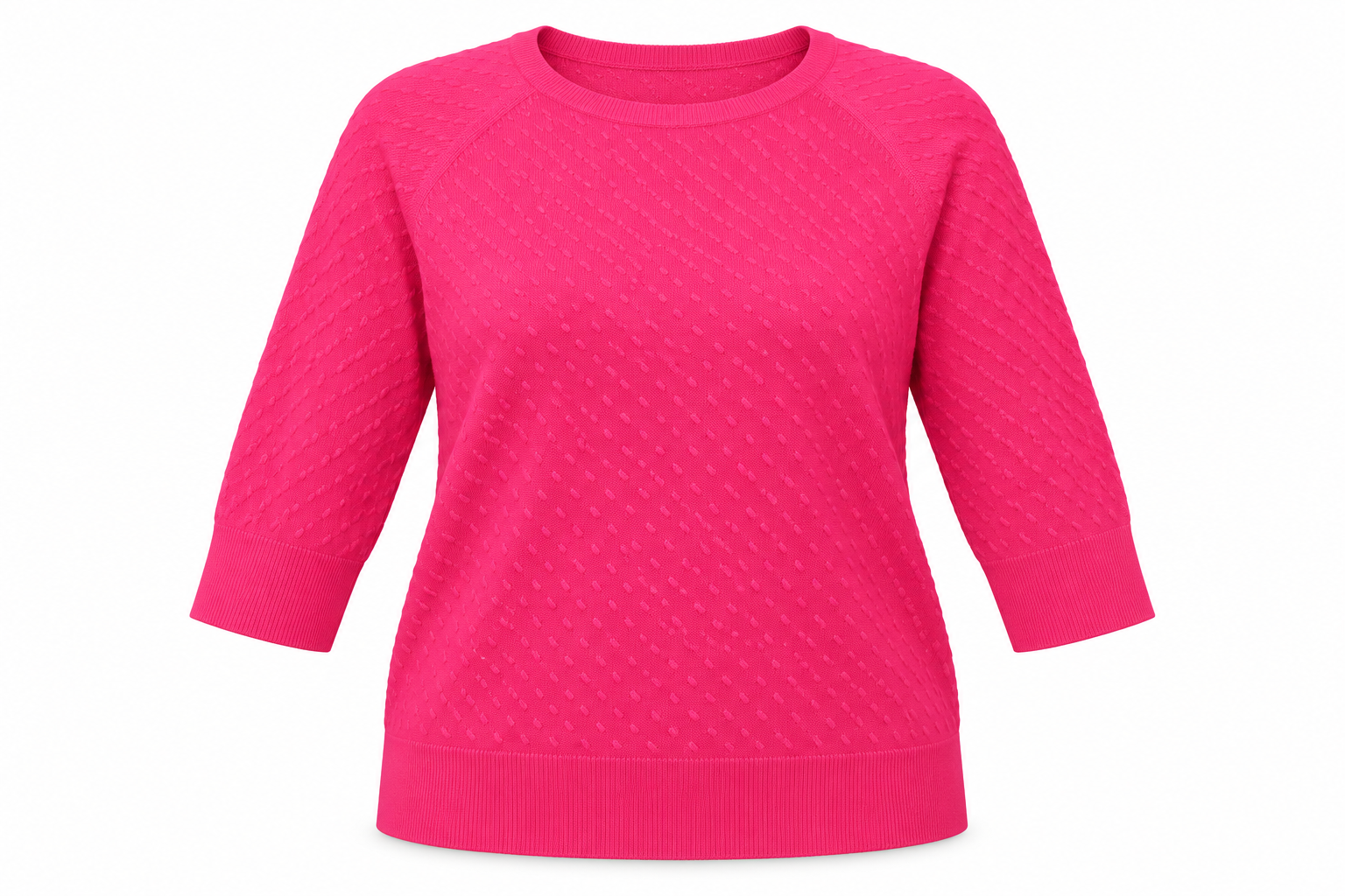   Per Una women’s hot pink textured knit jumper in UK size 18, featuring a crew neck, three-quarter sleeves and ribbed trims.