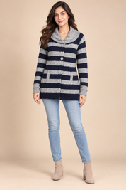  the PERUNA navy and grey striped knit cardigan in UK size L. Features a shawl collar, button front and pockets—perfect for cosy everyday layering.