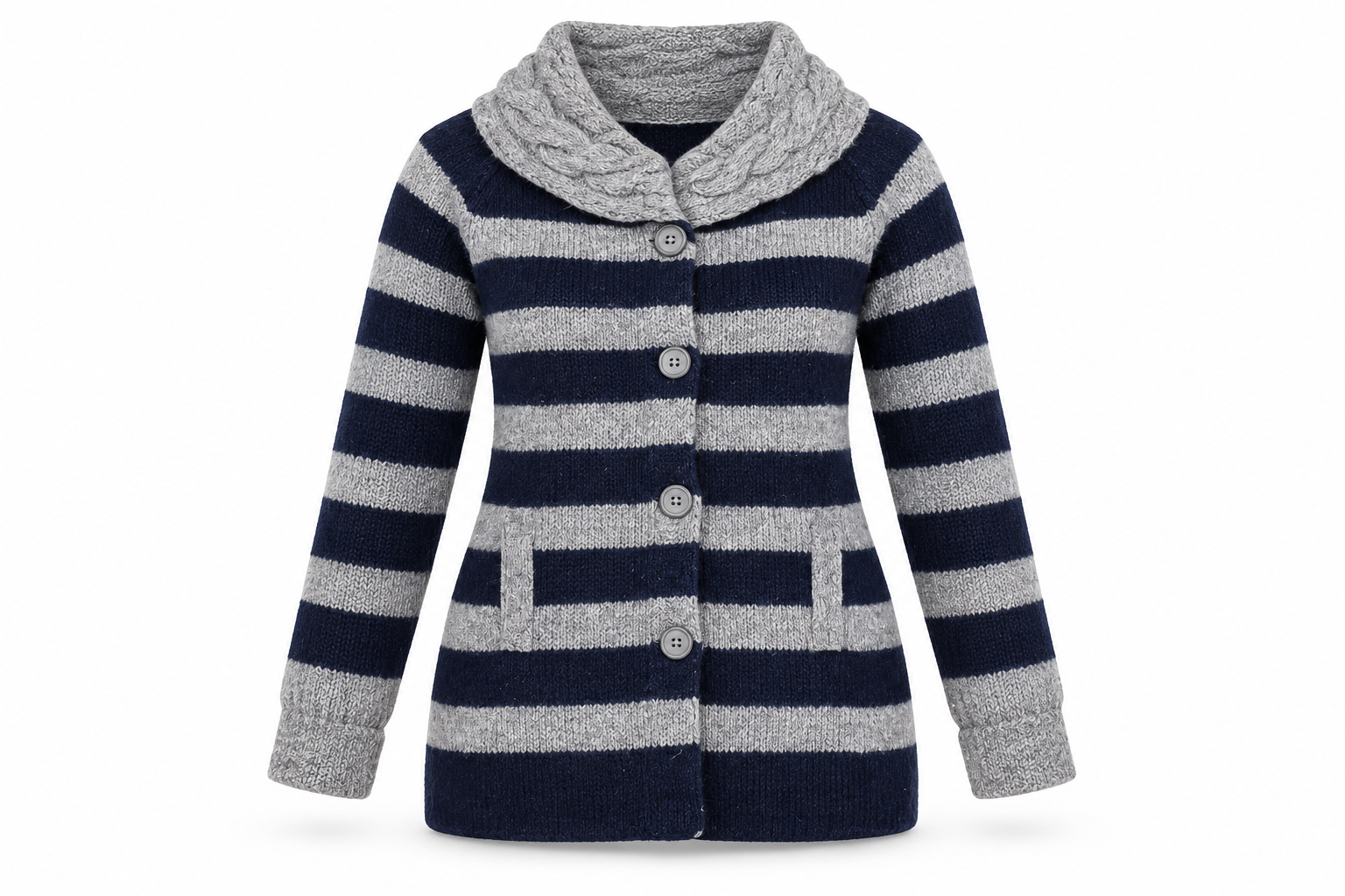  the PERUNA navy and grey striped knit cardigan in UK size L. Features a shawl collar, button front and pockets—perfect for cosy everyday layering.