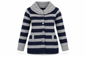  the PERUNA navy and grey striped knit cardigan in UK size L. Features a shawl collar, button front and pockets—perfect for cosy everyday layering.