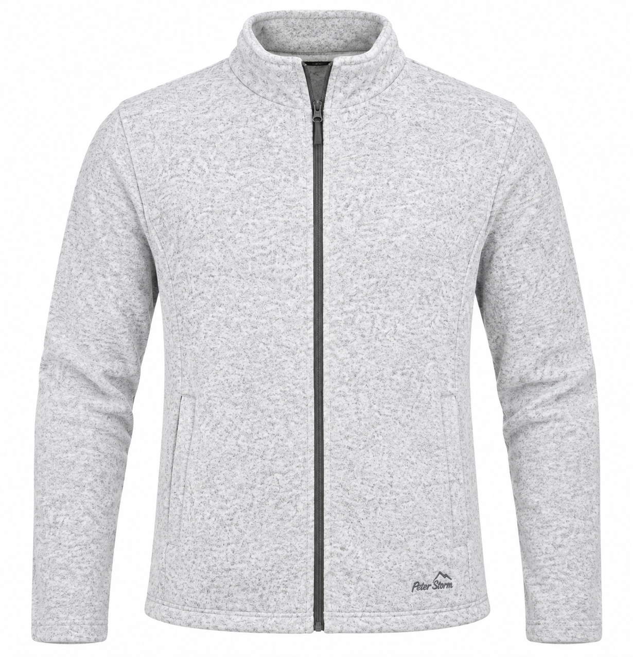 eter Storm men’s grey full zip fleece jacket in UK Size XL. A comfortable and versatile layer featuring a stand collar and practical side pockets.