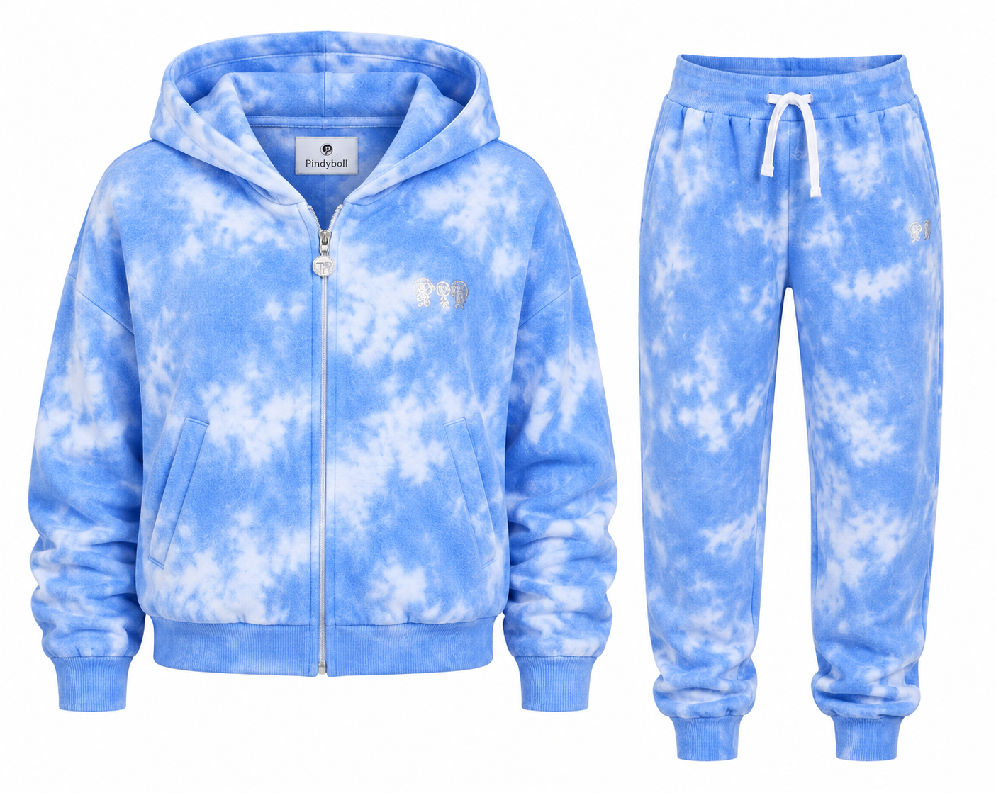  Pindyboll Girls Blue Tie-Dye Hooded Tracksuit Set featuring a soft zip-up hoodie and matching joggers. Comfortable, stylish, and perfect for everyday casual wear.