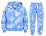  Pindyboll Girls Blue Tie-Dye Hooded Tracksuit Set featuring a soft zip-up hoodie and matching joggers. Comfortable, stylish, and perfect for everyday casual wear.