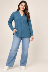 Poetry Women's Teal Blue V-Neck Long Sleeve Knit Tunic Jumper with Side Buttons