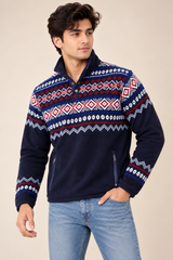 Polo Men's Navy Blue Fair Isle Pattern Fleece Pullover