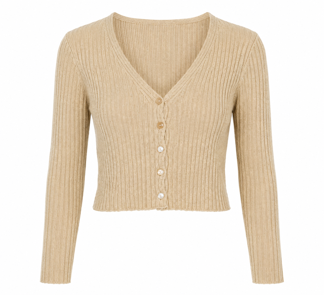 PRETTY LITTLE THING beige ribbed cropped cardigan, UK size S. V-neck, button-front design with long sleeves and stylish knit texture.