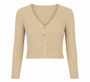 PRETTY LITTLE THING beige ribbed cropped cardigan, UK size S. V-neck, button-front design with long sleeves and stylish knit texture.