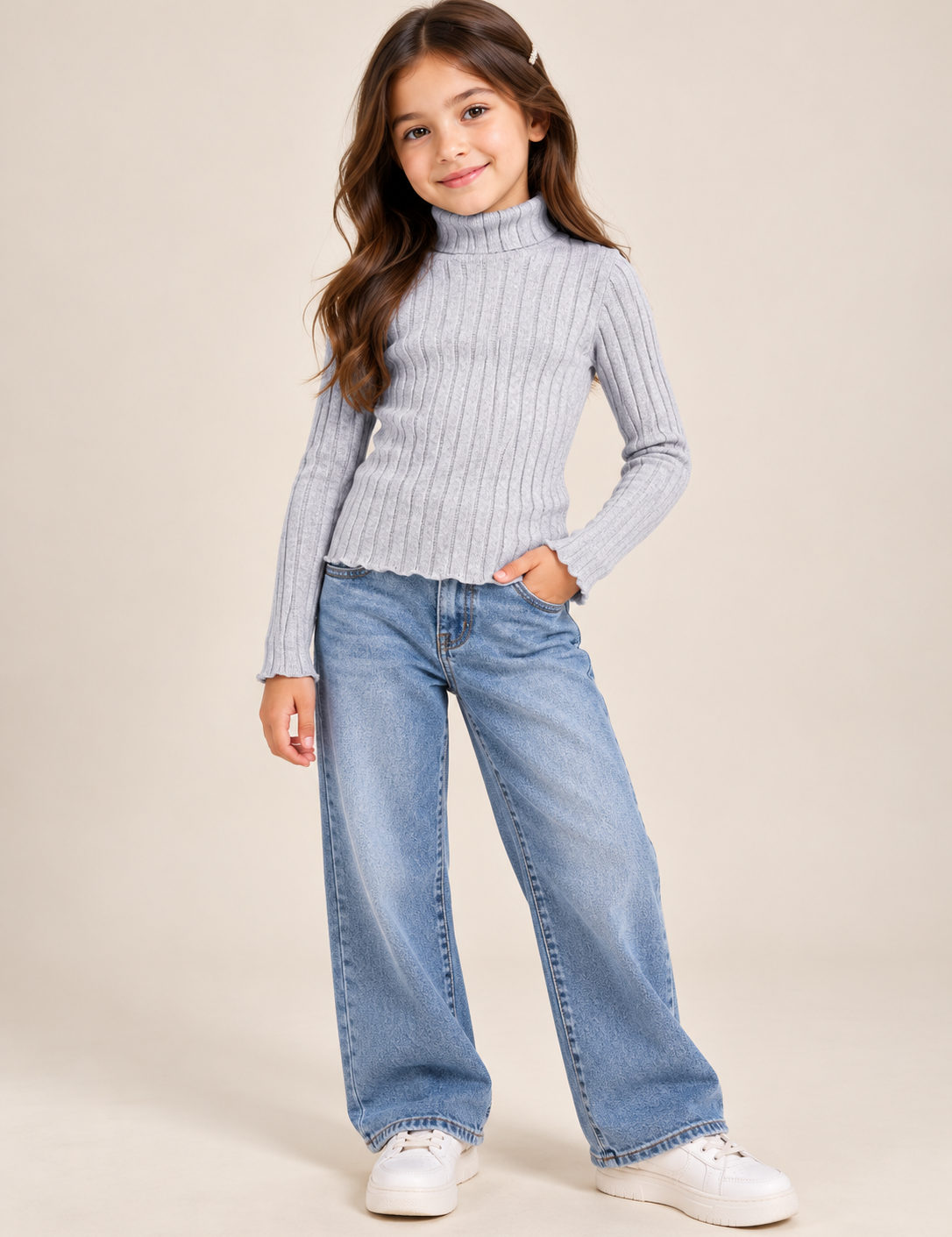 Pretty Little Thing Girls Grey Ribbed Roll Neck Jumper, UK 8-9 Years. Stylish long-sleeve knitwear, perfect for everyday autumn and winter outfits.
