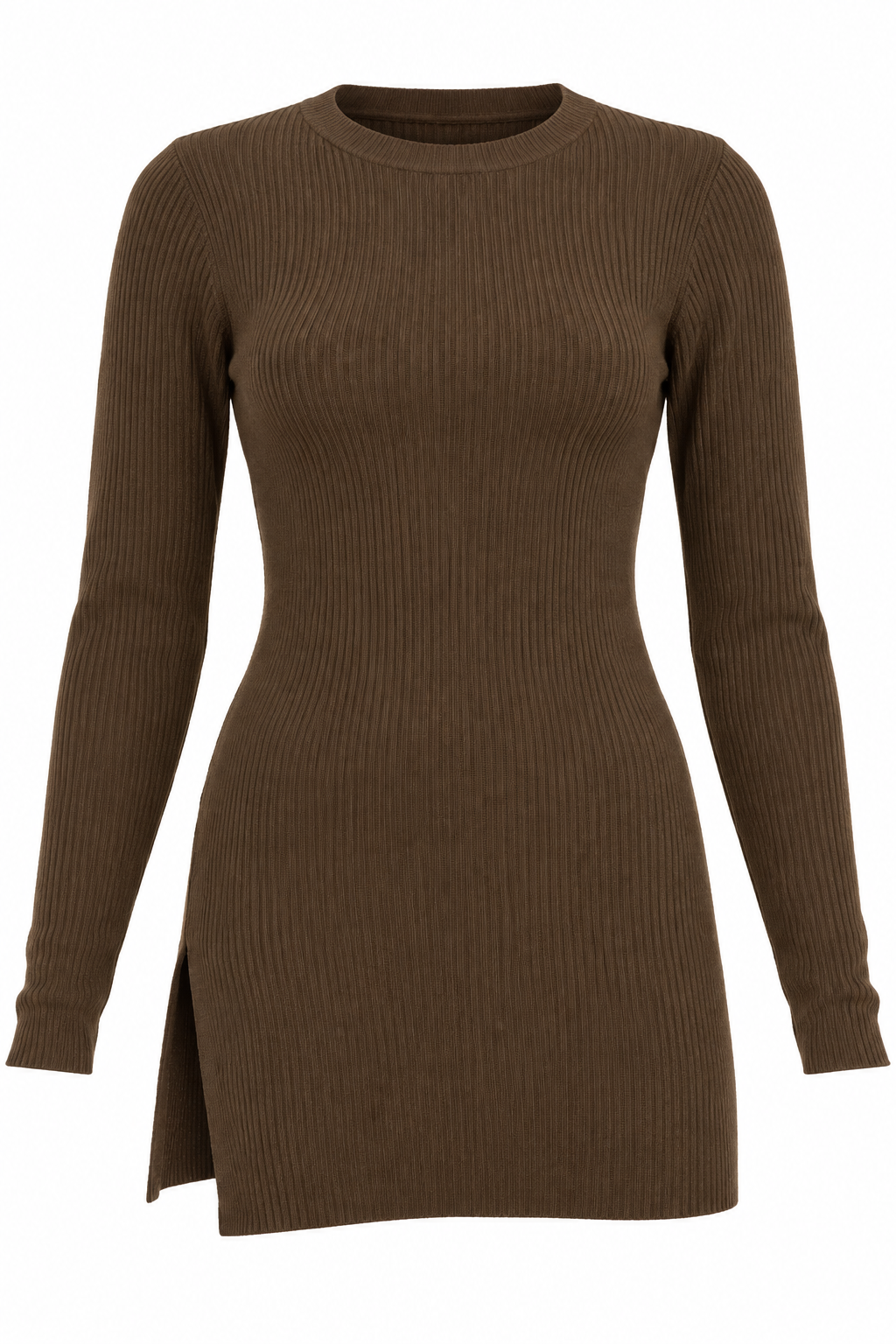  PrettyLittleThing girls brown ribbed long sleeve tunic top in UK size 14–15 years, featuring a round neck and stylish left-side slit.