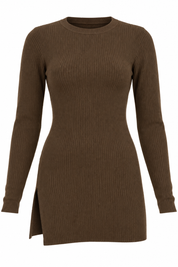  PrettyLittleThing girls brown ribbed long sleeve tunic top in UK size 14–15 years, featuring a round neck and stylish left-side slit.