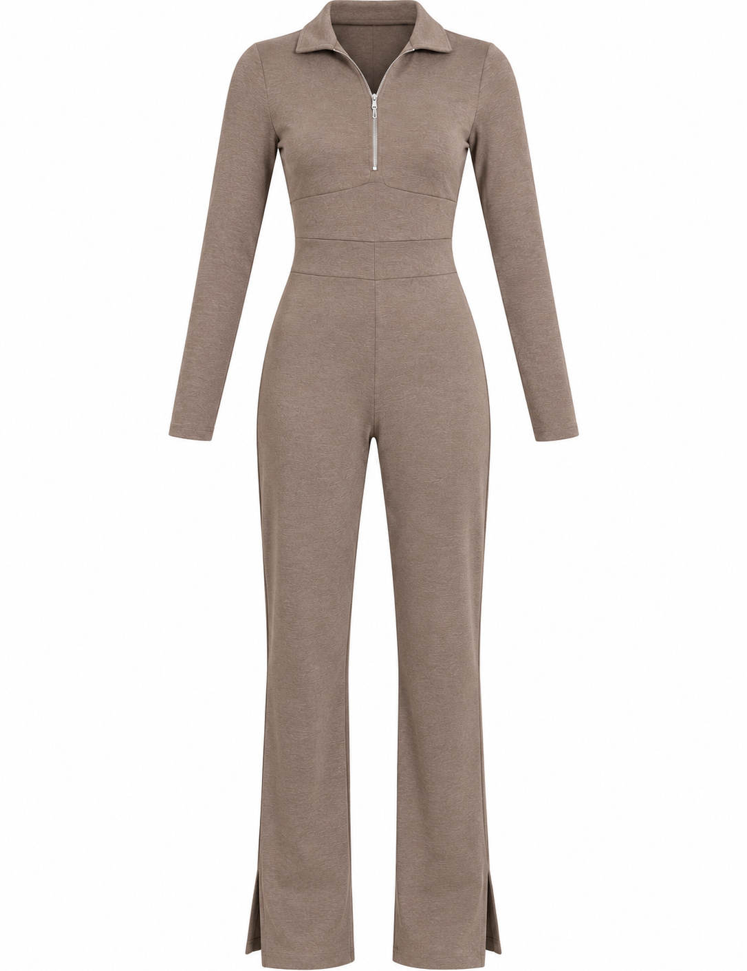 PRETTYLITTLETHING girls taupe half-zip jumpsuit, age 15–16 years. Long sleeves, fitted waist, chest 15", length 57". Stylish everyday fashion.