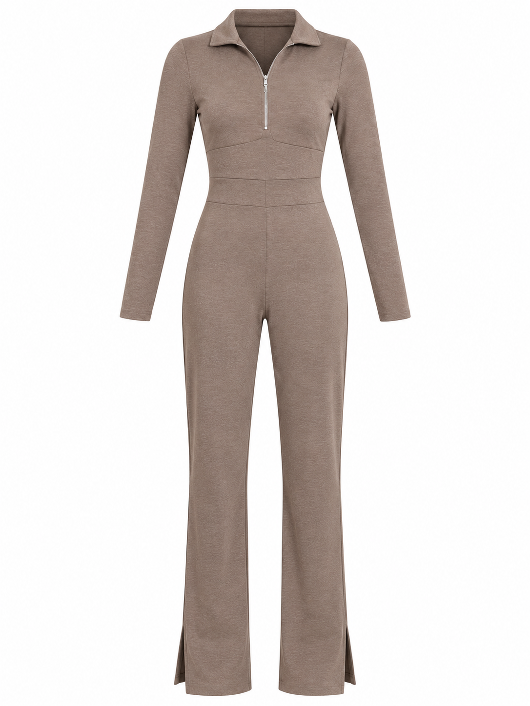 PRETTYLITTLETHING girls taupe half-zip jumpsuit, age 15–16 years. Long sleeves, fitted waist, chest 15", length 57". Stylish everyday fashion.