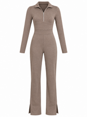 PRETTYLITTLETHING girls taupe half-zip jumpsuit, age 15–16 years. Long sleeves, fitted waist, chest 15", length 57". Stylish everyday fashion.