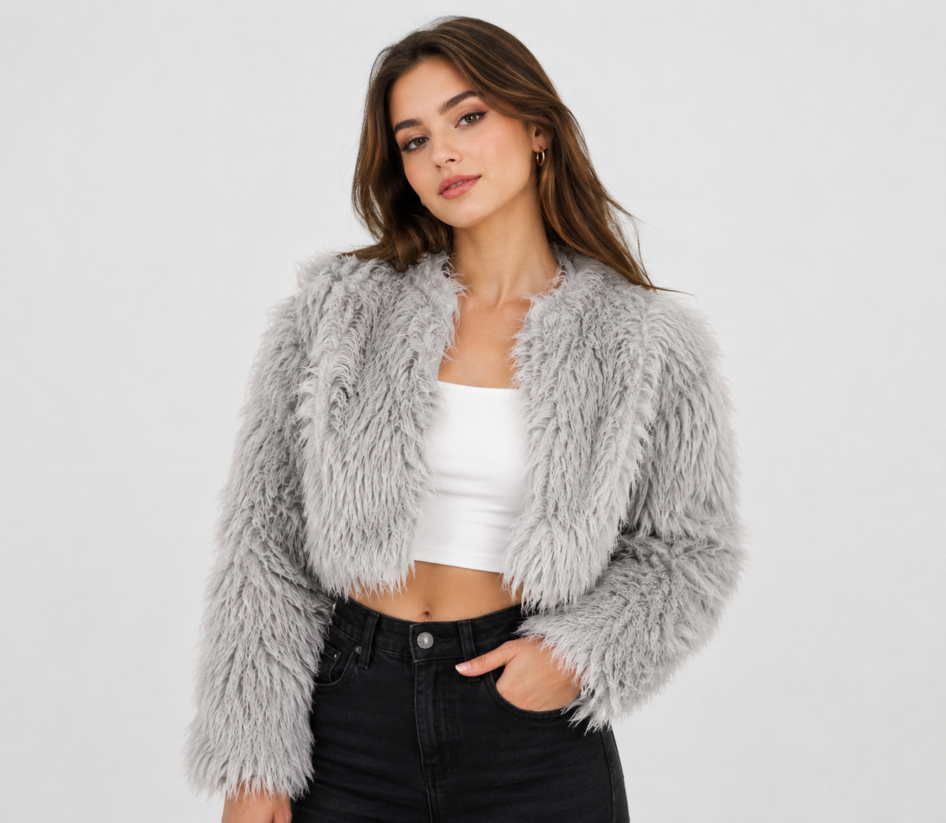  PrettyLittleThing light grey shaggy faux fur cropped jacket in UK Size 16. Soft, stylish and perfect for adding cosy glamour to autumn and winter outfits.