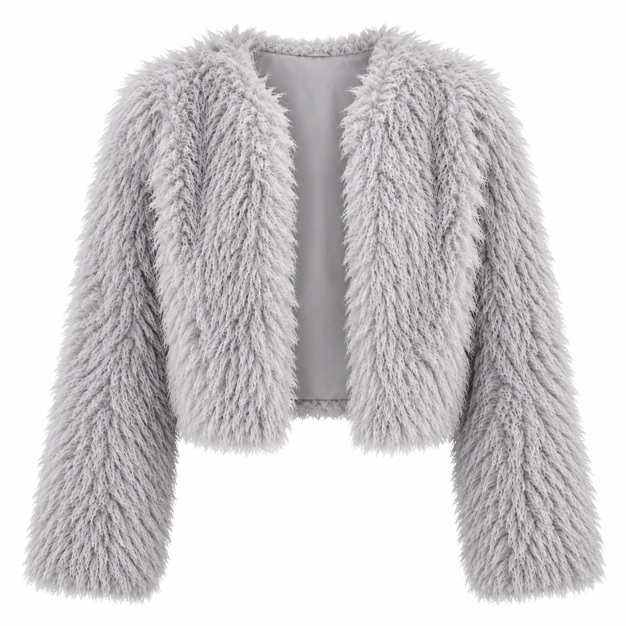  PrettyLittleThing light grey shaggy faux fur cropped jacket in UK Size 16. Soft, stylish and perfect for adding cosy glamour to autumn and winter outfits.