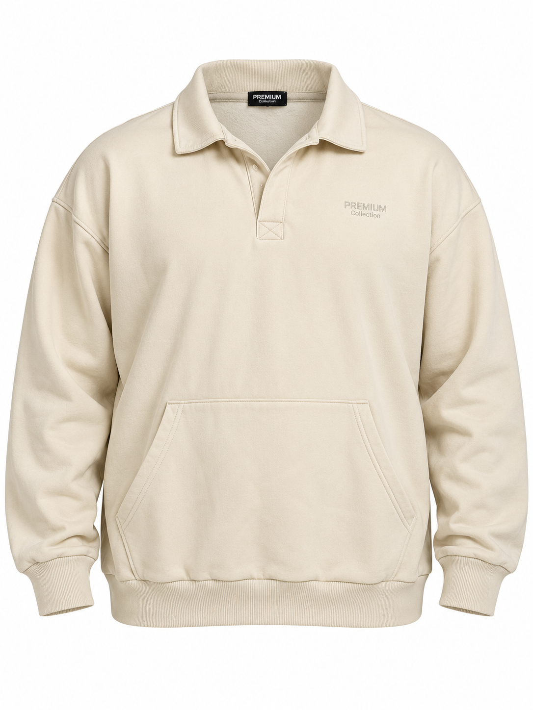 PrettyLittleThing men's cream collared sweatshirt in UK size 3XL. Relaxed fit, kangaroo pocket and stylish casual design. Perfect for everyday wear.