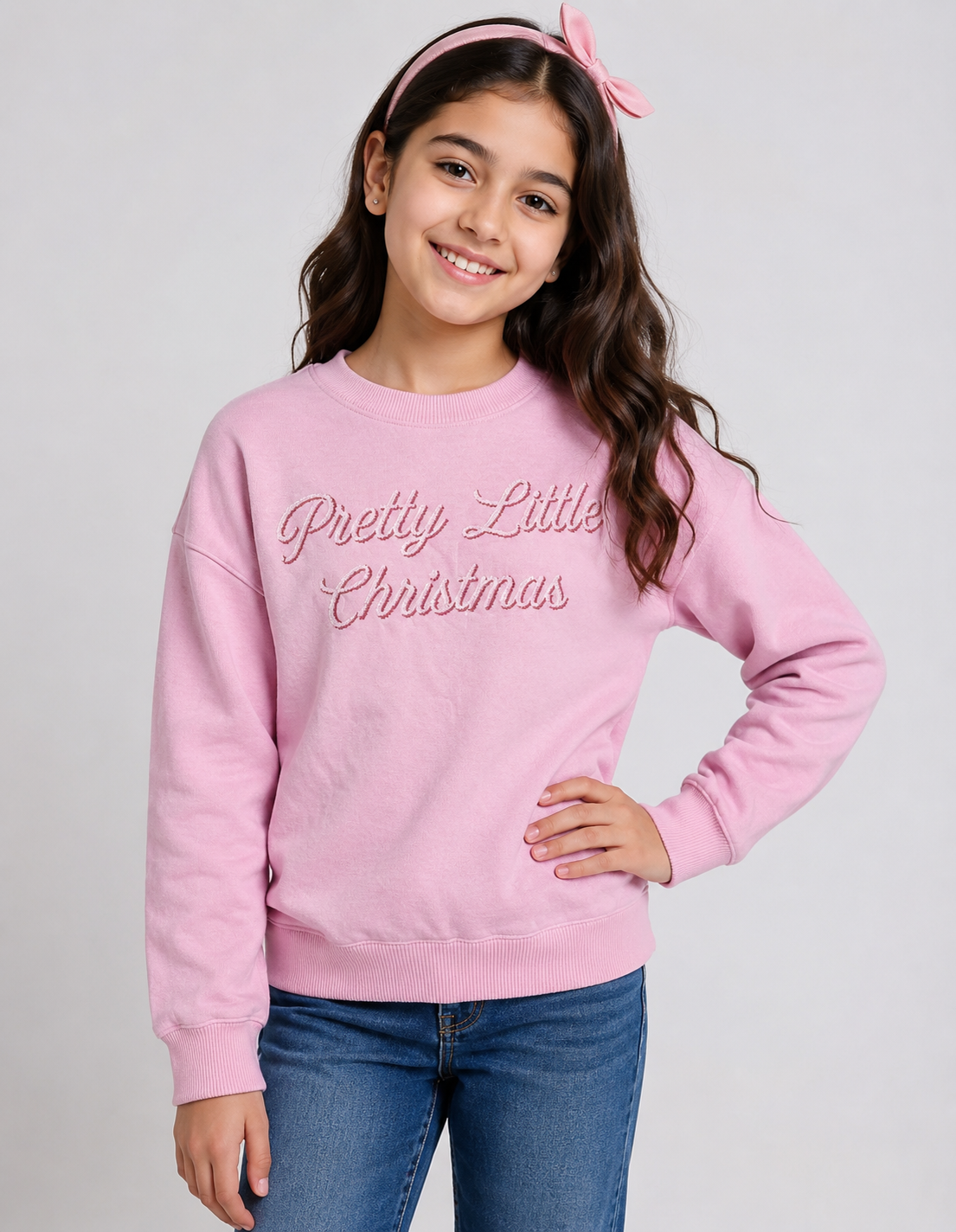 LittleThing pink Pretty Little Christmas sweatshirt, UK size S. Festive long-sleeve design with ribbed cuffs and hem, perfect for casual winter wear.