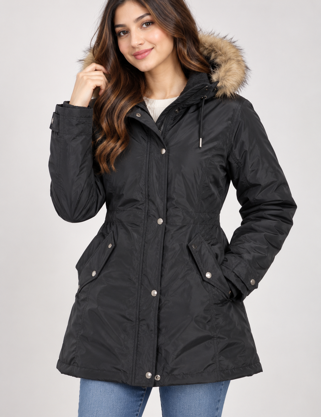 this PRETTYLITTLETHING women’s black faux fur hooded parka jacket in UK Size L. Stylish longline winter outerwear with practical pockets.