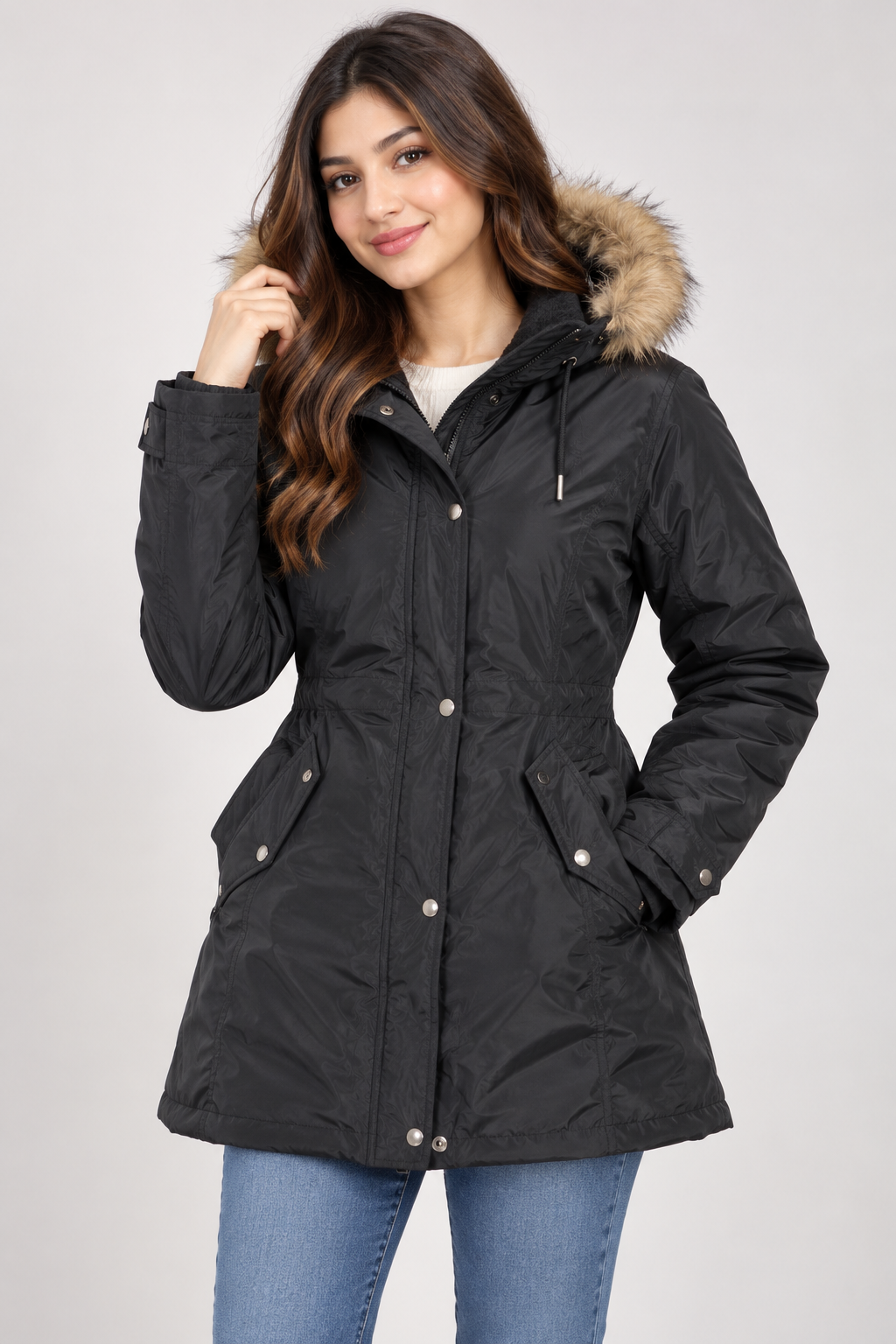 this PRETTYLITTLETHING women’s black faux fur hooded parka jacket in UK Size L. Stylish longline winter outerwear with practical pockets.
