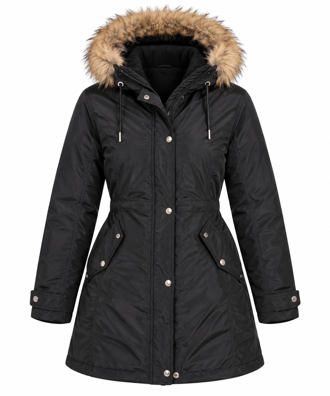 this PRETTYLITTLETHING women’s black faux fur hooded parka jacket in UK Size L. Stylish longline winter outerwear with practical pockets.
