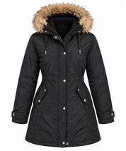 this PRETTYLITTLETHING women’s black faux fur hooded parka jacket in UK Size L. Stylish longline winter outerwear with practical pockets.